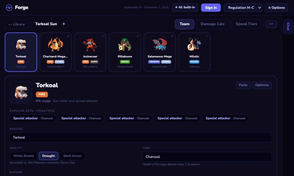 Forge team editor showing a six-Pokémon sun team (Torkoal, Mega Charizard Y, Incineroar, Rillaboom, Mega Salamence, Milotic) with Torkoal's ability, item and popular sets open.