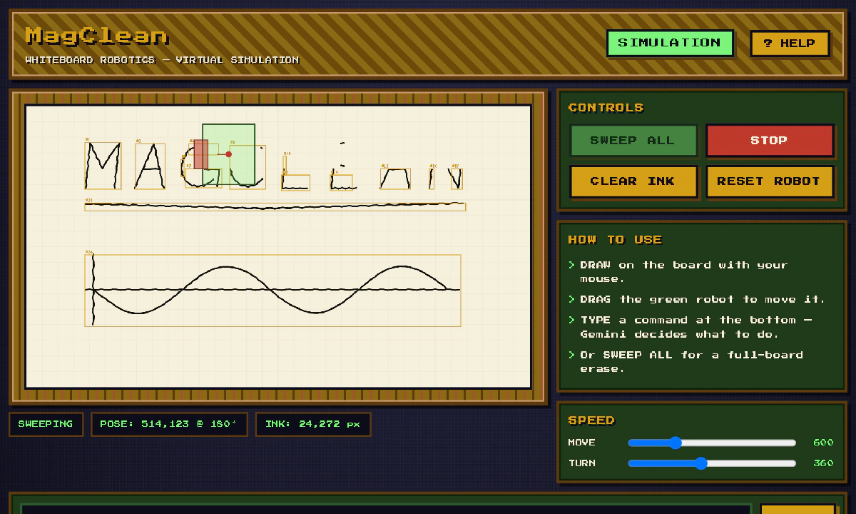MagClean simulator mid-sweep: the green robot erasing handwritten MAGCLEAN from a virtual whiteboard, with the controls, how-to panel and speed sliders beside it.